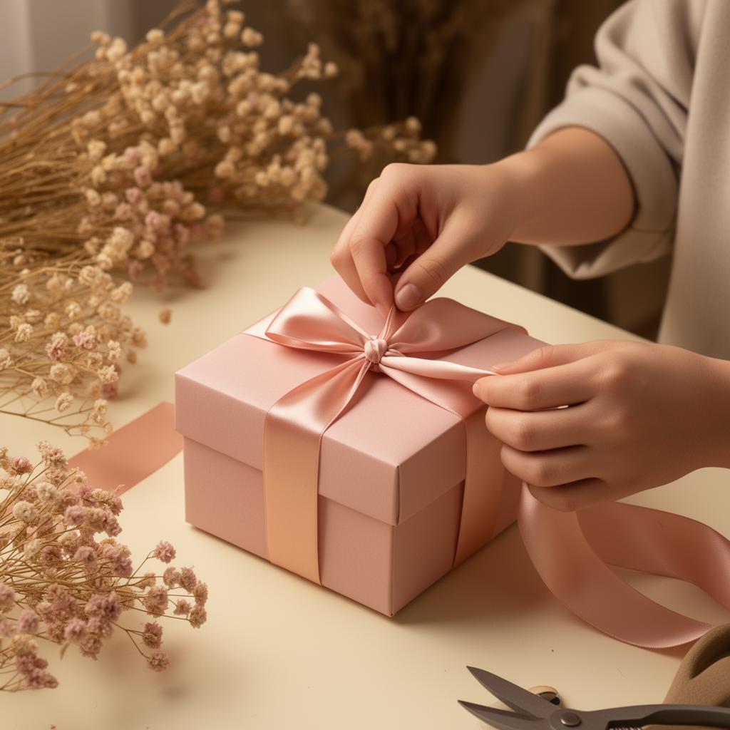 Hands tying a pink gift box